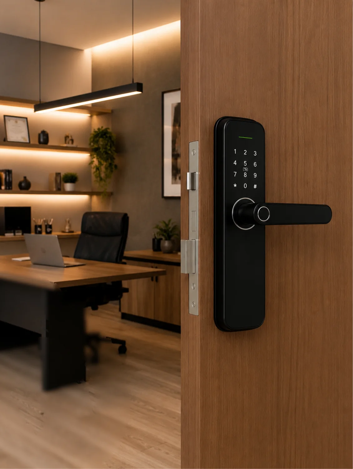 Fechadura eletrônica com teclado digital instalada em uma porta