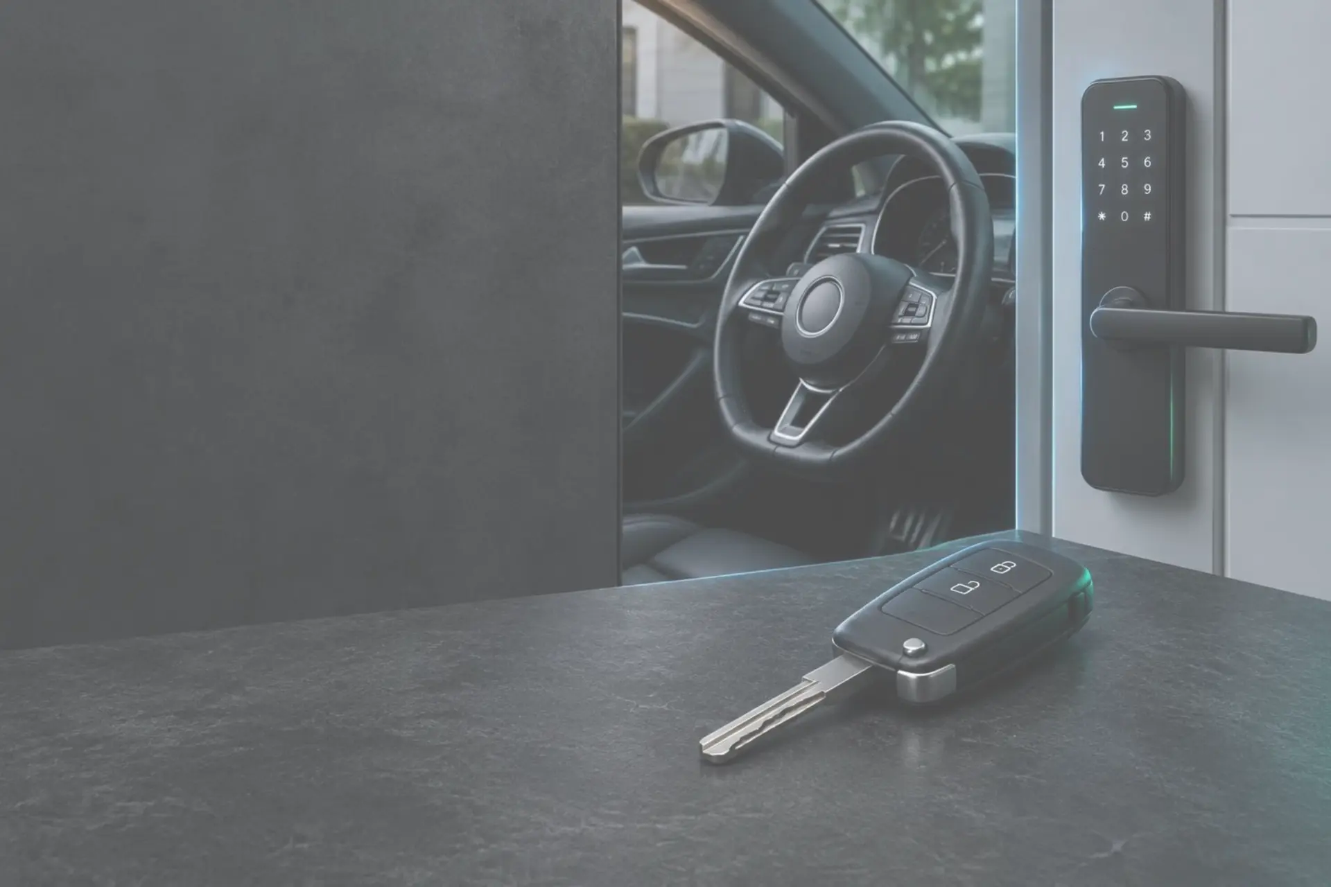 Chave automotiva e fechadura eletrônica instalada em uma porta